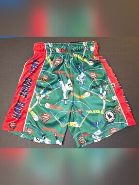 Flow Society Boys Green Baseball Print Athletic Shorts w Red Side Panels Size YS
